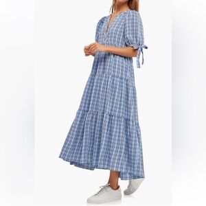 Blue and White Plaid Puff Sleeve Midi Dress